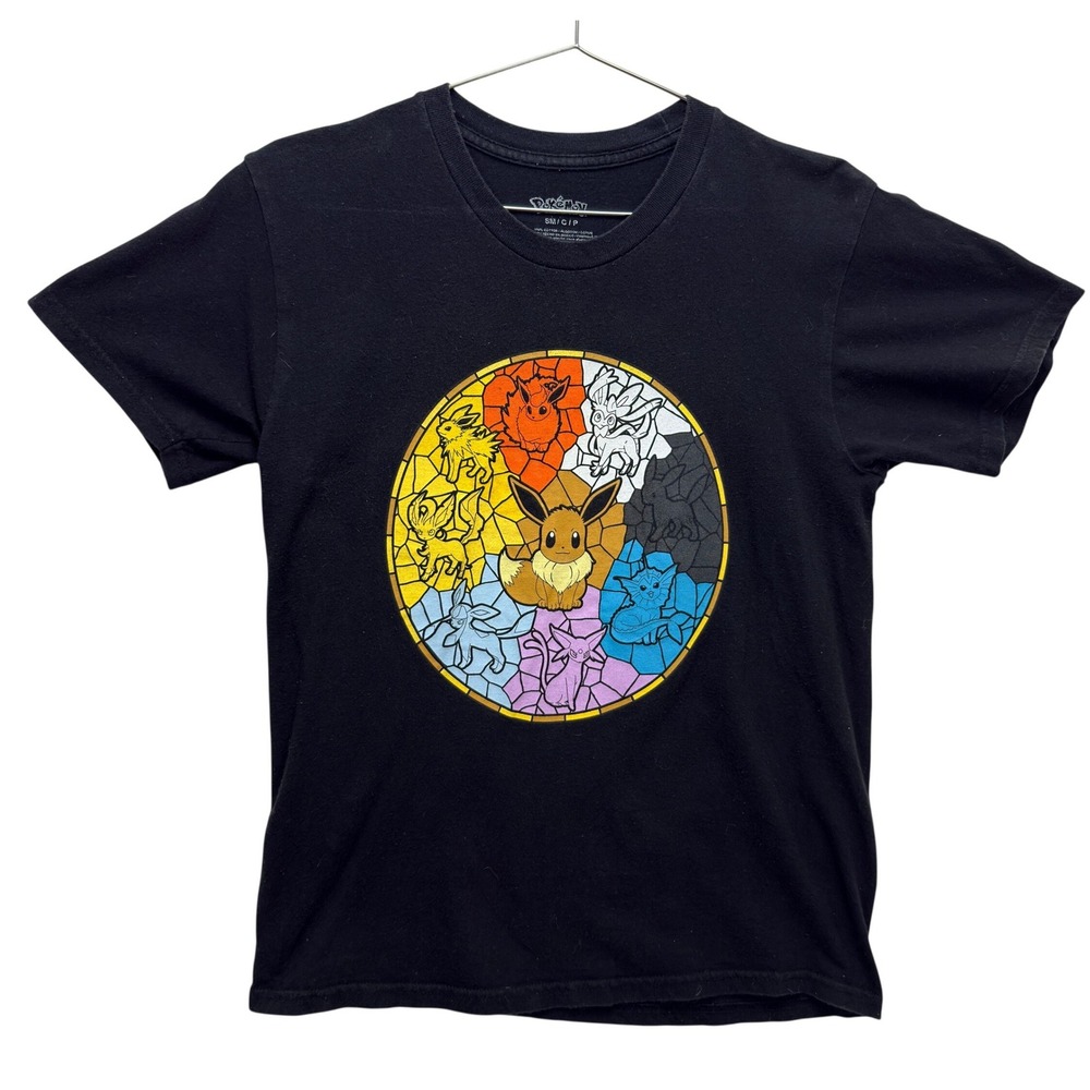 Pokemon Unisex Eevee Stained Glass Tee Size S Black Anime Shirt
